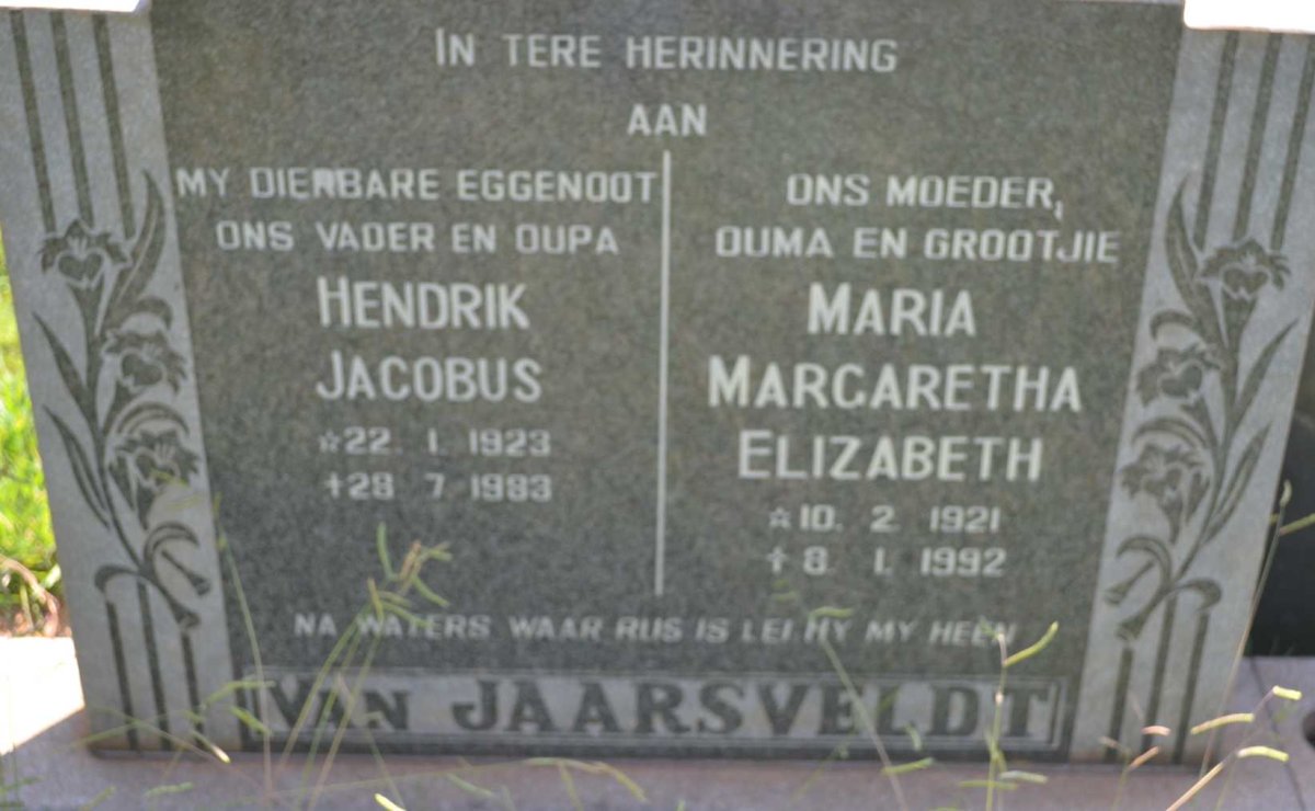 JAARSVELDT Hendrik Jacobus, van 1923-1983 &amp; Maria Margaretha Elizabeth 1921-1992