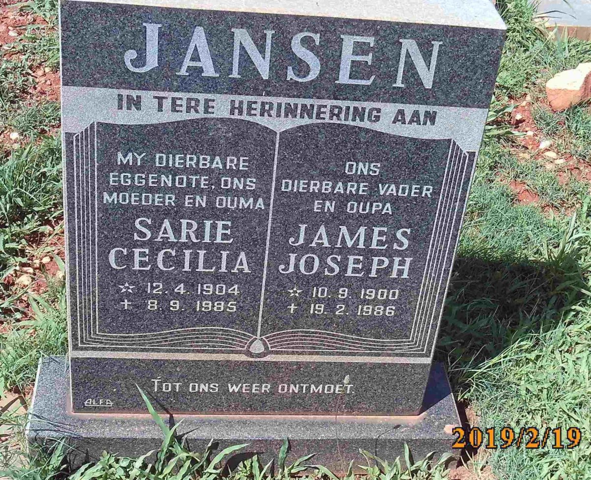 JANSEN James Joseph 1900-1986 &amp; Sarie Cecilia 1904-1985