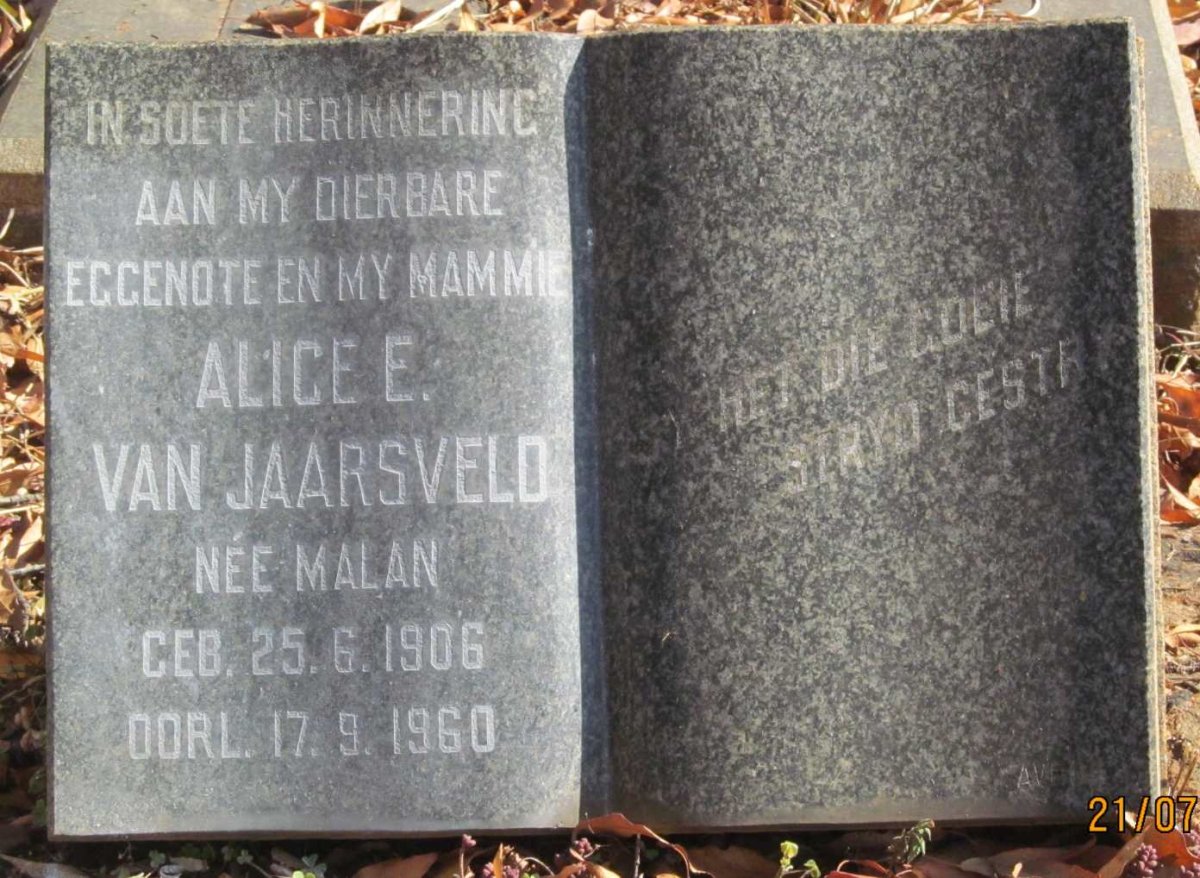 JAARSVELD Alice E., van nee MALAN 1906-1960