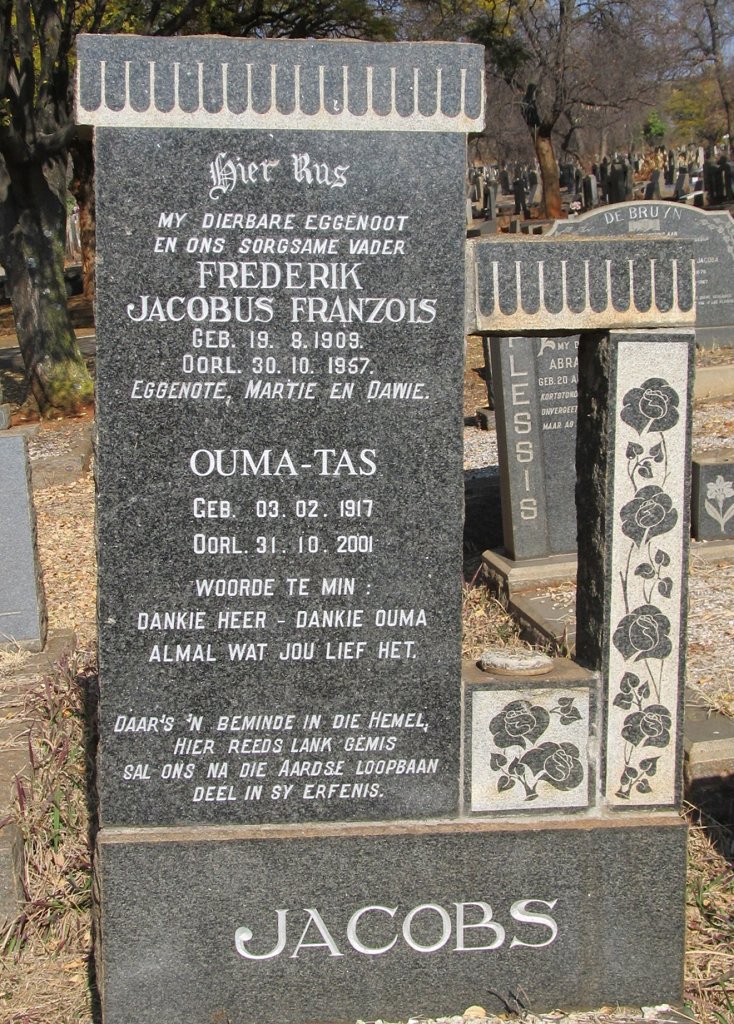 JACOBS Frederik Jacobus Franzois 1909-1967 &amp; Ouma-Tas 1917-2001