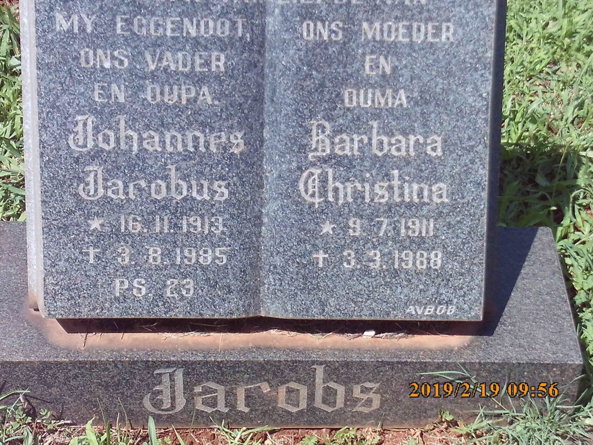 JACOBS Johannes Jacobus 1913-1985 &amp; Barbara Christina 1911-1988