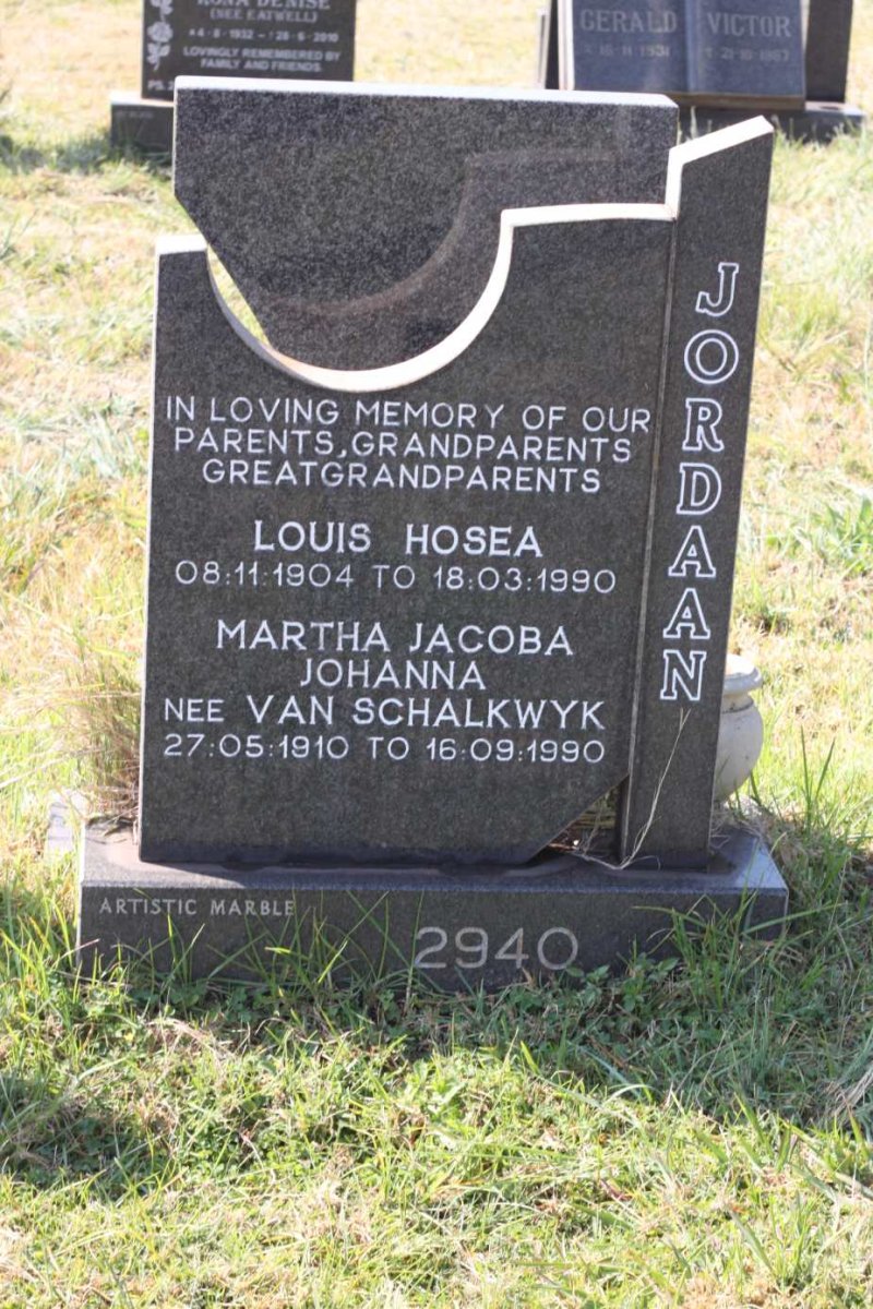 JORDAAN Louis Hosea 1904-1990 &amp; Martha Jacoba Johanna VAN SCHALKWYK 1910-1990