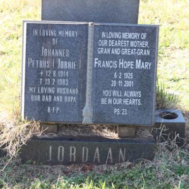 JORDAAN Johannes Petrus 1914-1983 &amp; Francis Hope Mary 1925-2001