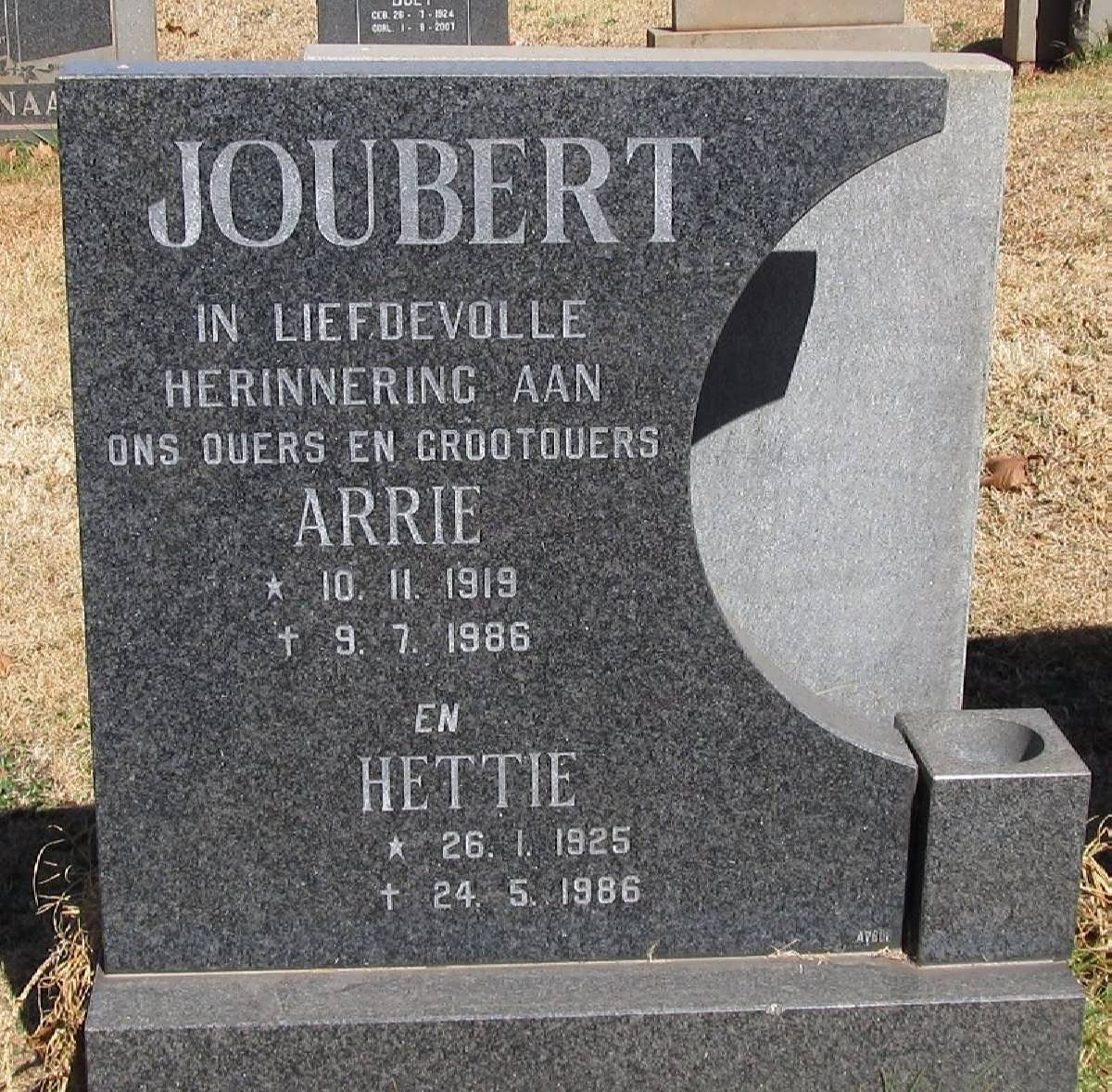 JOUBERT Arrie 1919-1986 &amp; Hettie 1925-1986 