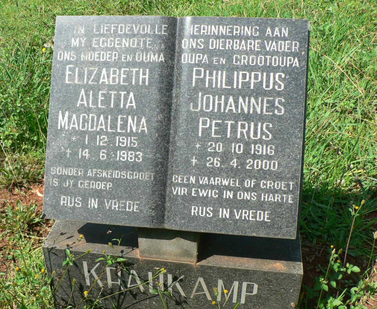 KRAUKAMP Philippus Johannes Petrus 1916-2000 &amp; Elizabeth Aletta Magdalena 1915-1983