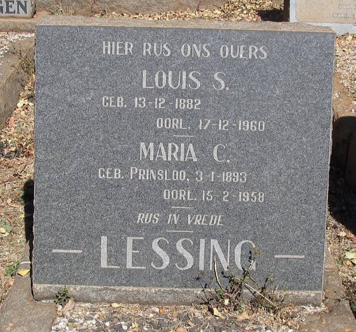 LESSING Louis S. 1882-1960 &amp; Maria C. PRINSLOO 1893-1958