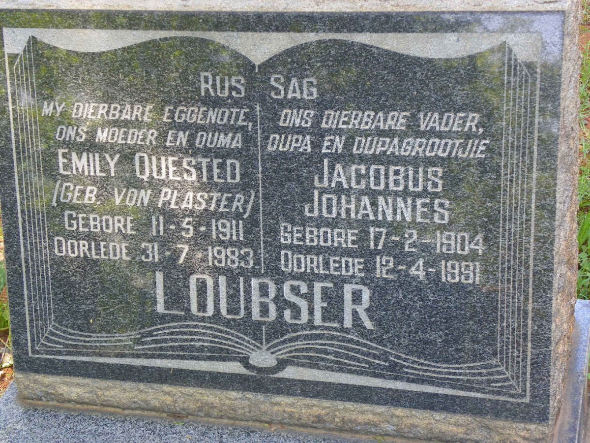 LOUBSER Jacobus Johannes 1904-1991 &amp; Emily Quested VON PLASTER 1911-1983