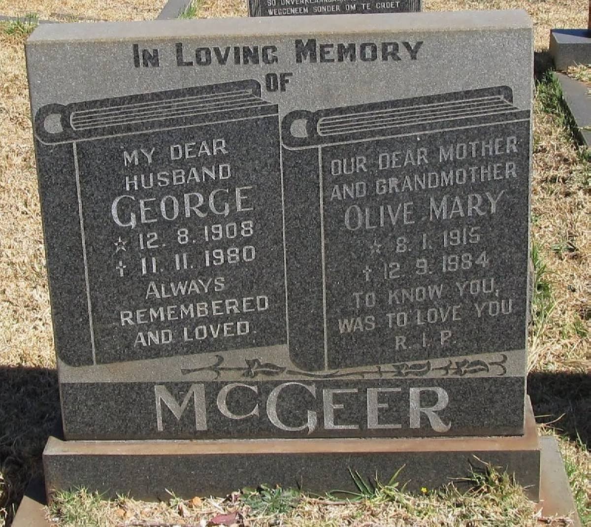 McGEER George 1908-1980 &amp; Olive Mary 1915-1984