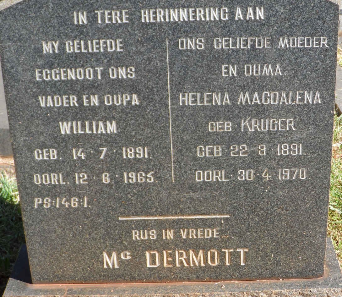 McDERMOTT William 1891-1965 &amp; Helena Magdalena KRUGER 1891-1970