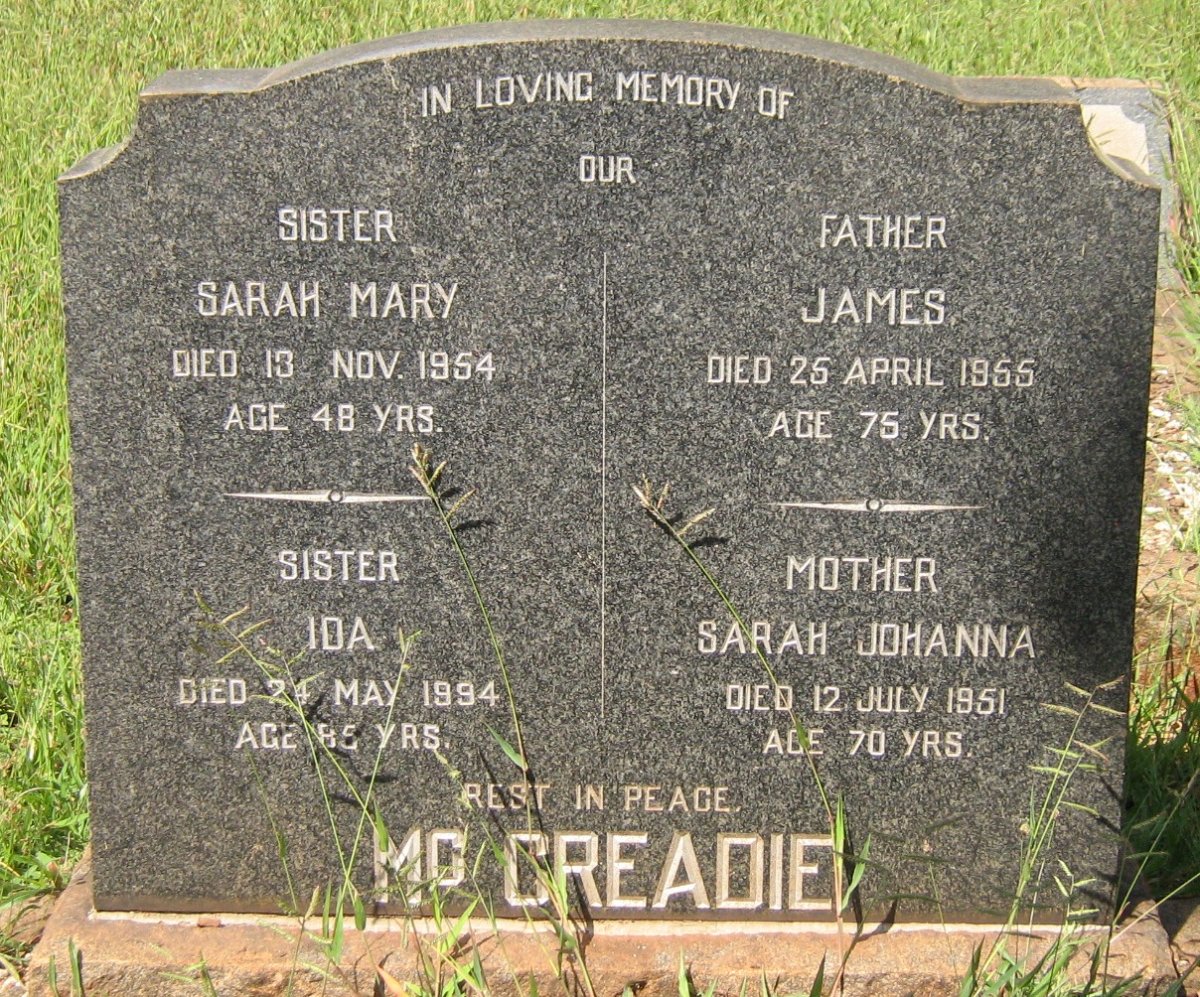 McCREADIE James -1955 &amp; Sarah Johanna -1951 :: McCREADIE Sarah Mary -1954 :: McCREADIE Ida -1994