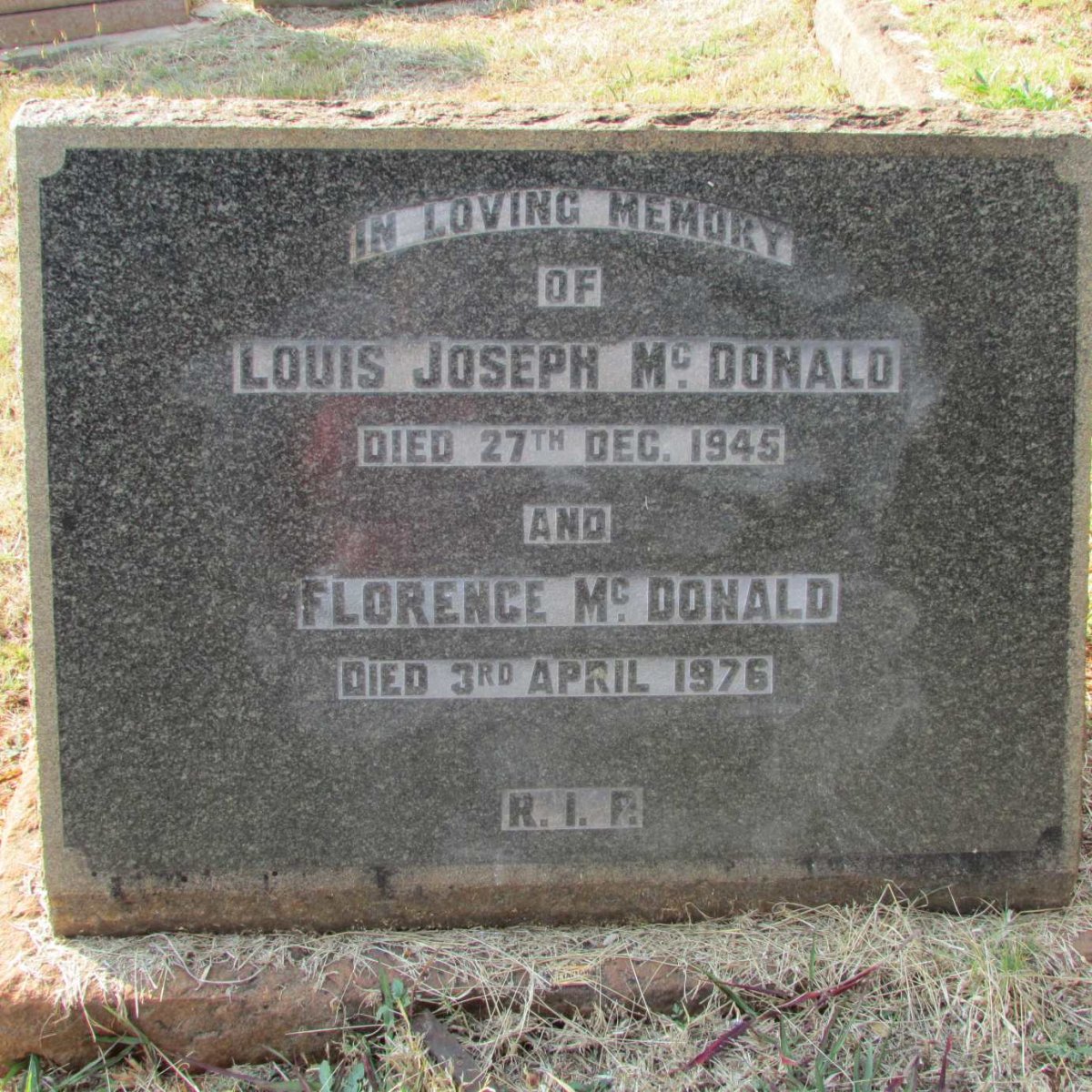 McDONALD Louis Joseph -1945 &amp; Florence -1976