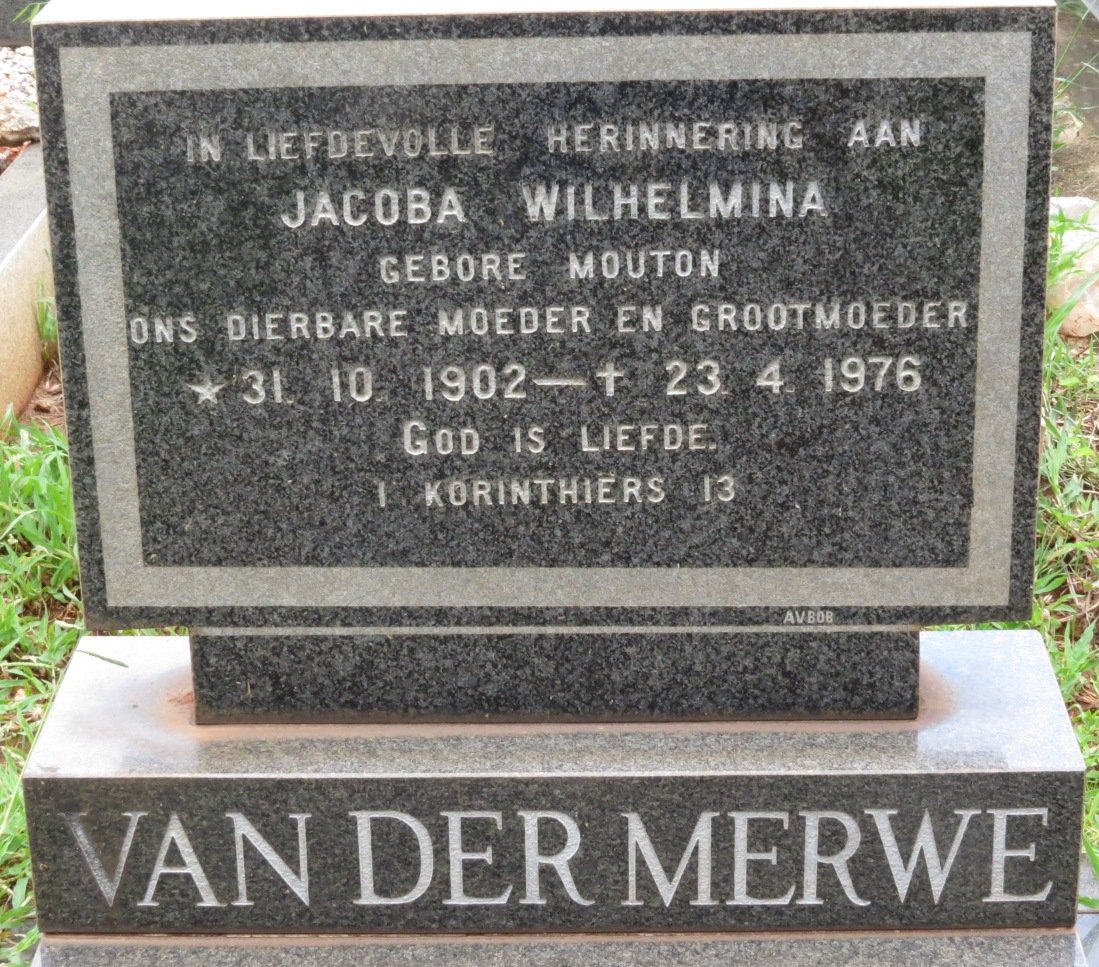 MERWE Jacoba Wilhelmina, van der nee MOUTON 1902-1976