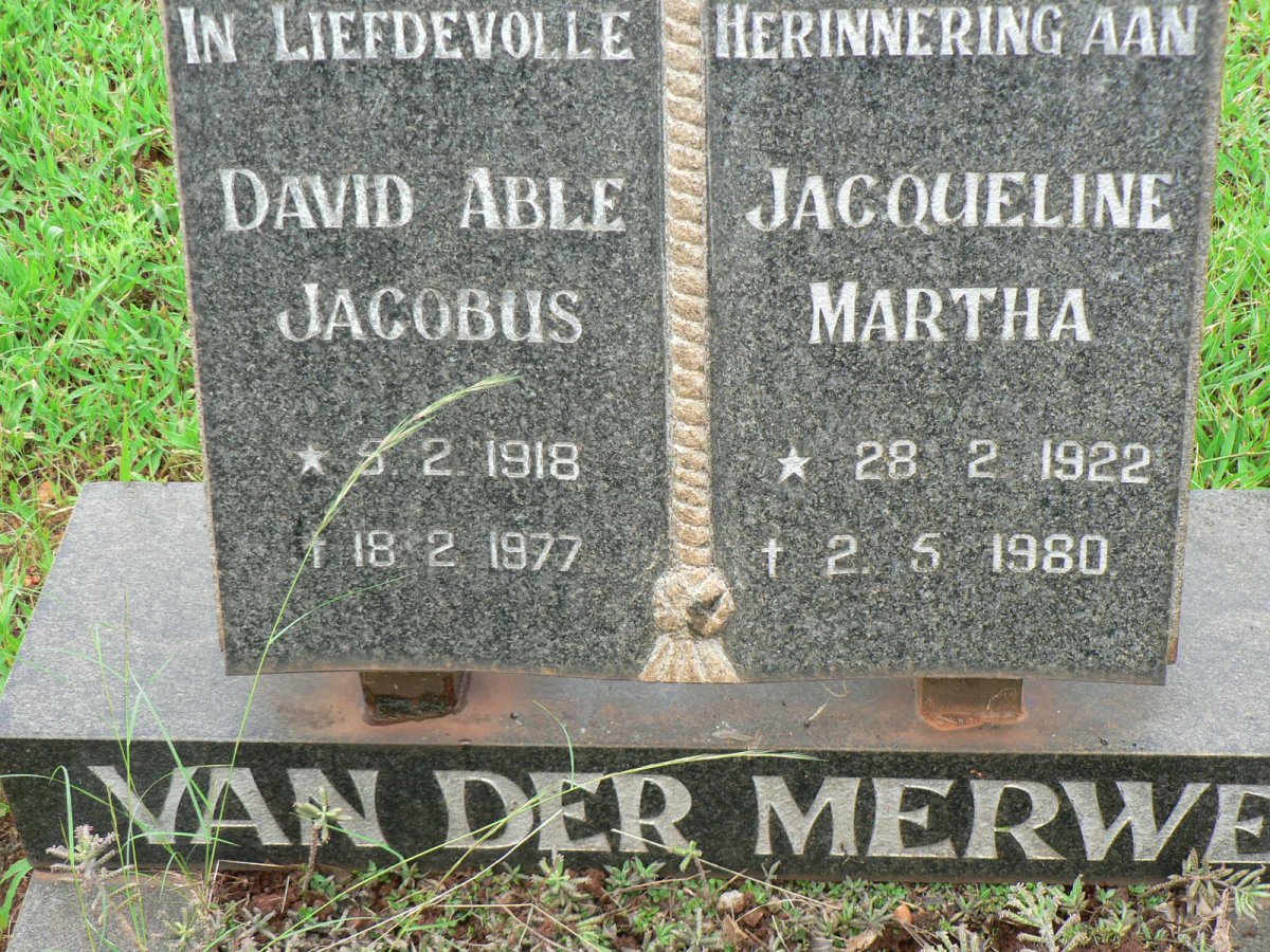 MERWE David Able Jacobus, van der 1918-1977 &amp; Jacqueline Martha 1922-1980