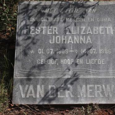 MERWE Hester Elizabeth Johanna, van der 1909-1986