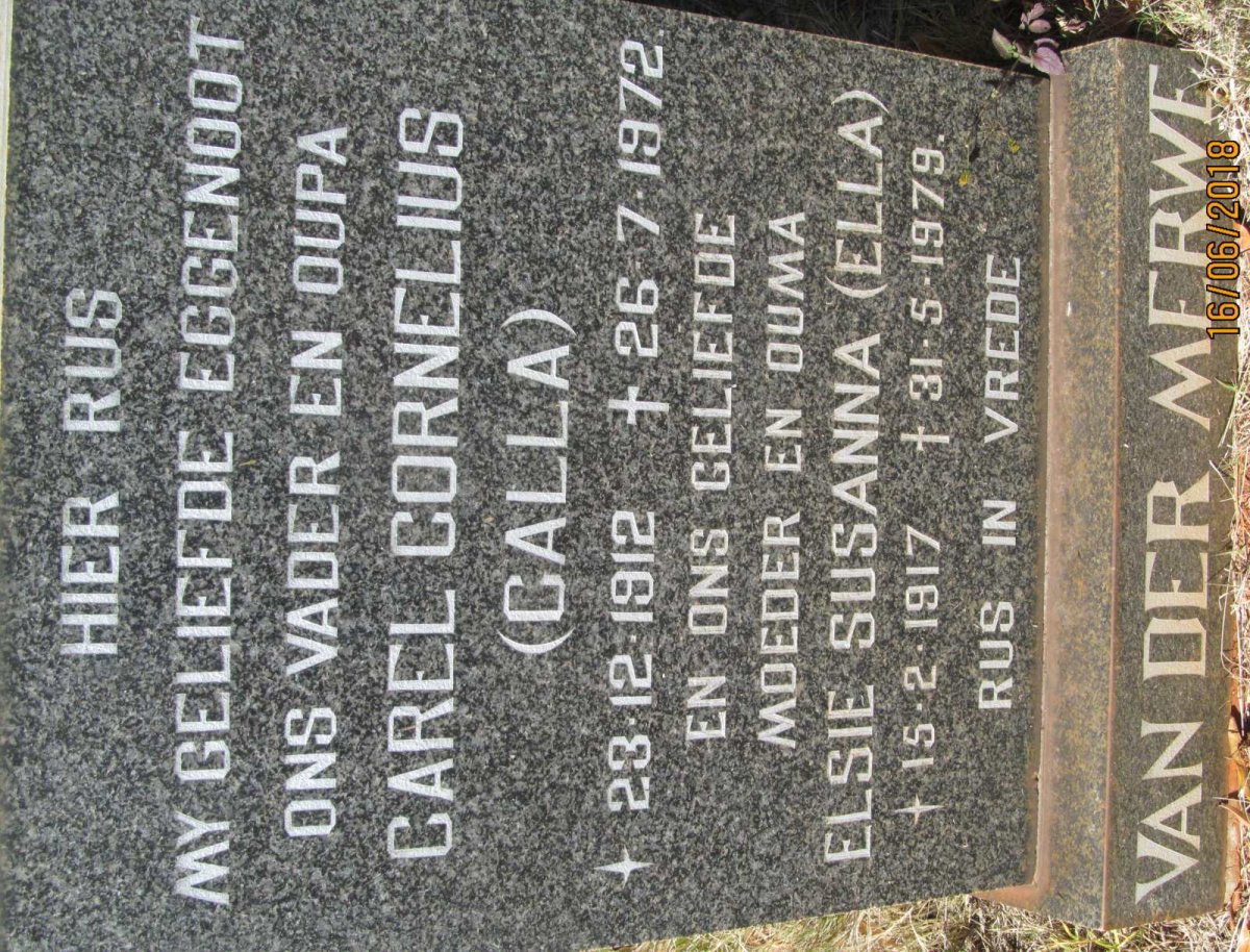 MERWE Carel Cornelius, van der 1912-1972 &amp; Elsie Susanna 1917-1979