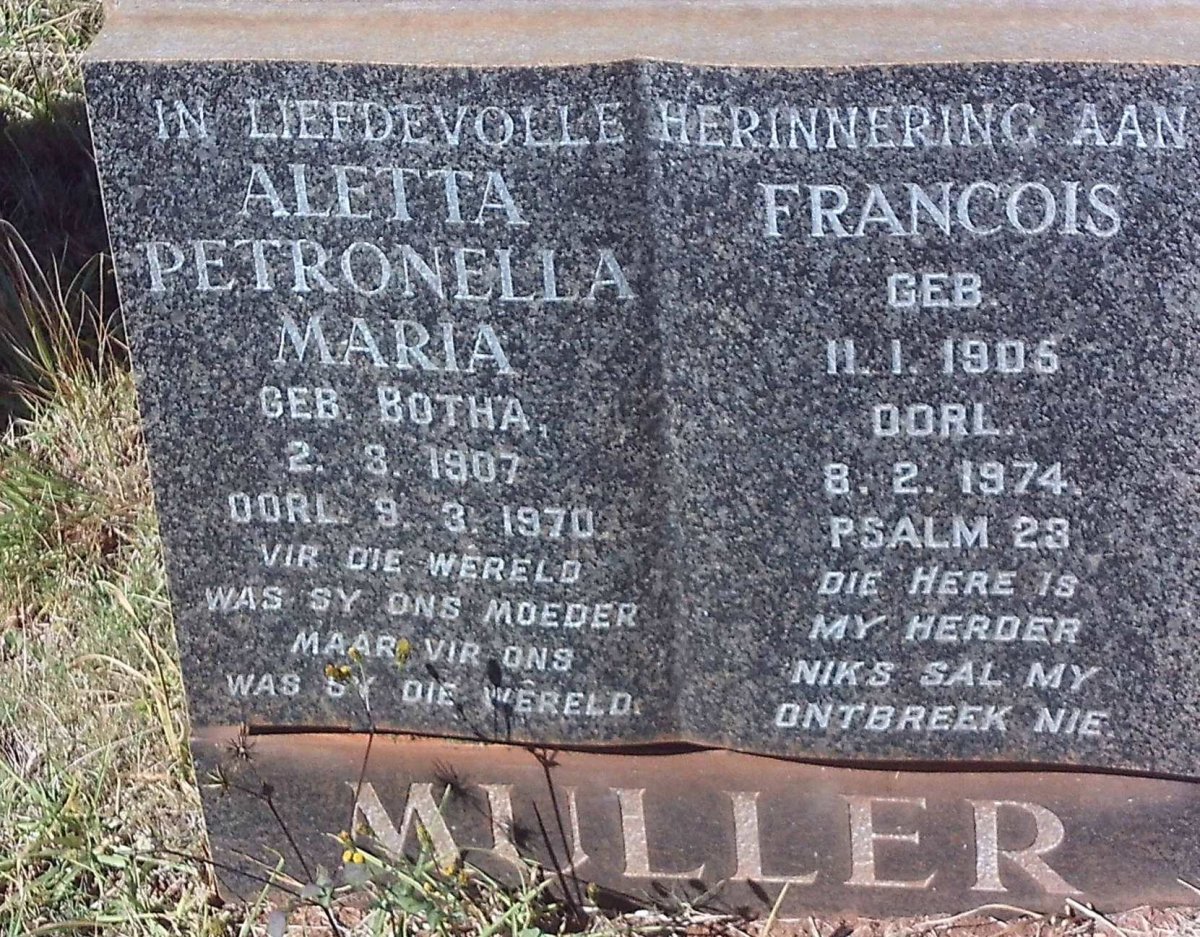 MULLER Francois 1905-1974 &amp; Aletta Petronella Maria BOTHA 1907-1970