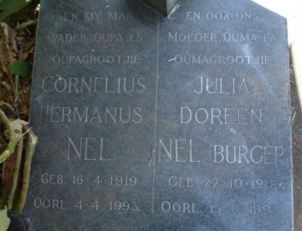 NEL Cornelius Hermanus 1919-1993 &amp; Julia Doreen BURGER 1919-1995