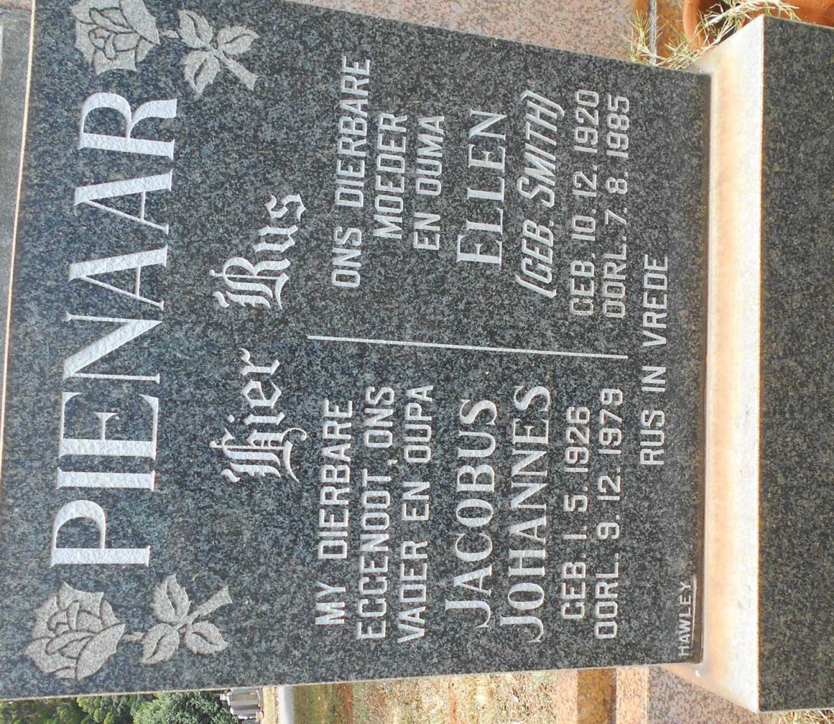 PIENAAR Jacobus Johannes 1926-1979 &amp; Ellen SMITH 1920-1985
