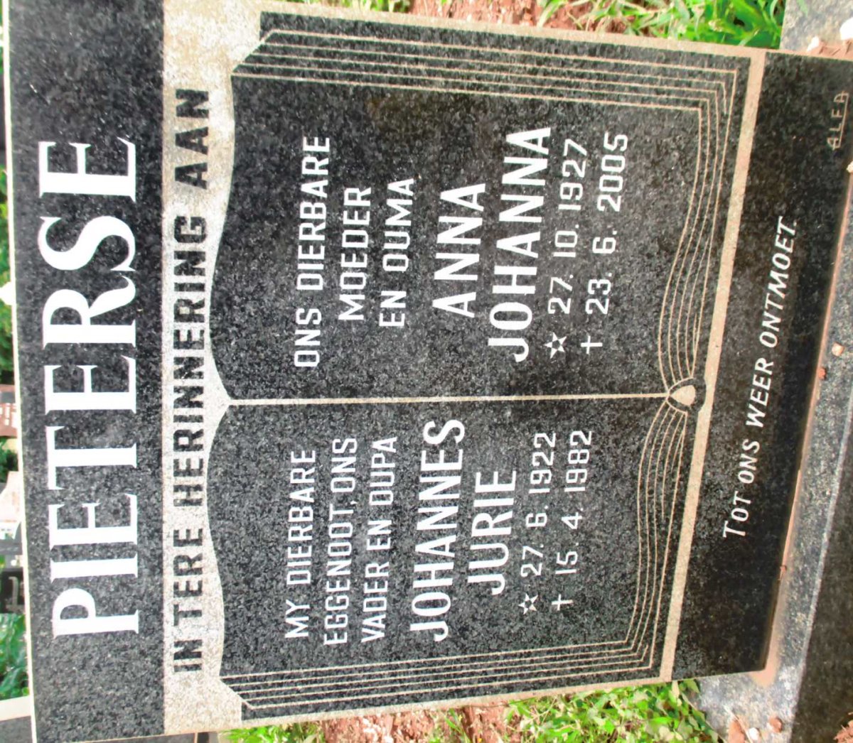 PIETERSE Johannes Jurie 1922-1982 &amp; Anna Johanna 1927-2005