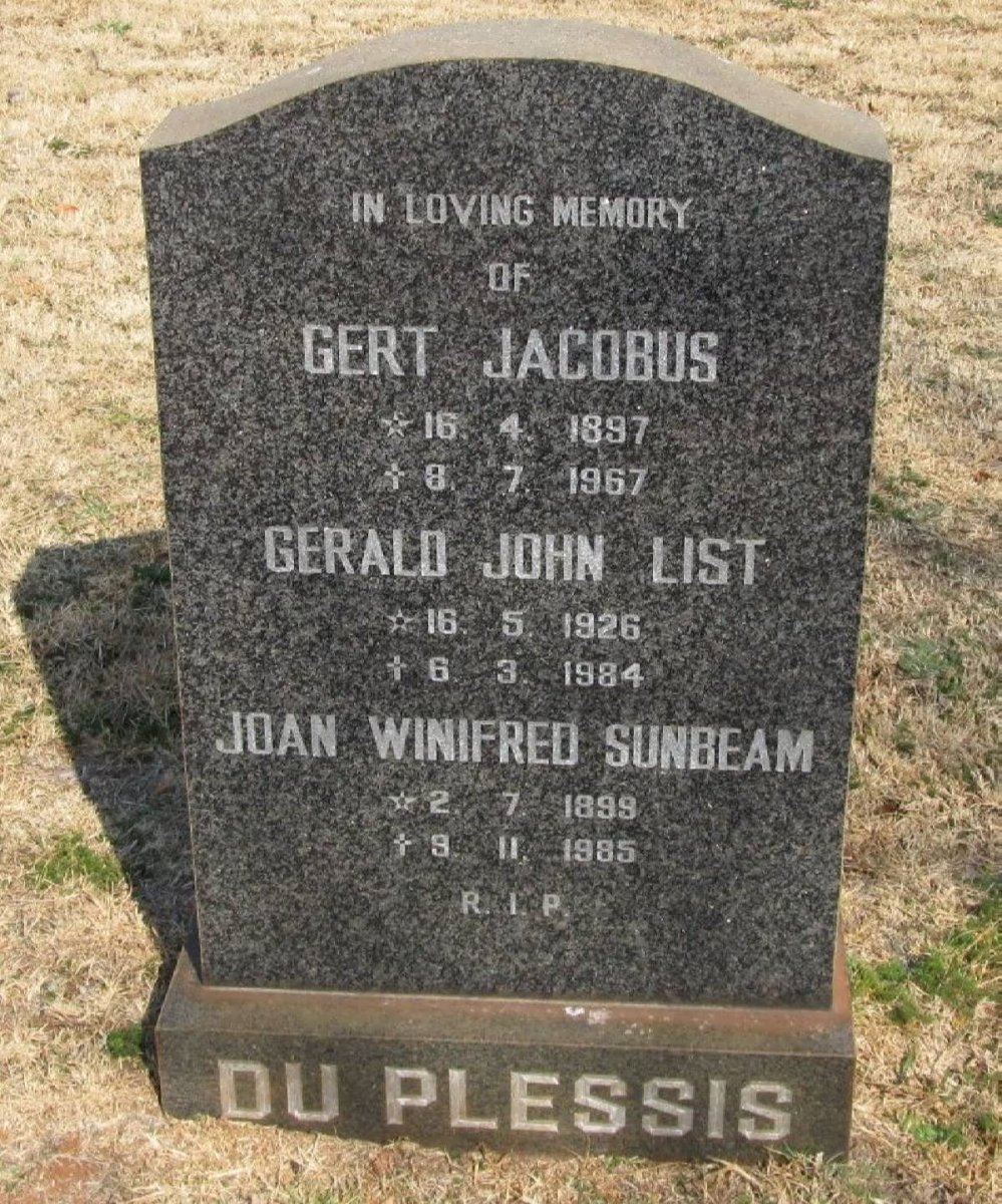 PLESSIS Gert Jacobus, du 1897-1967 &amp; Joan Winifred Sunbeam 1899-1985 :: DU PLESSIS Gerald John List 1926-1984