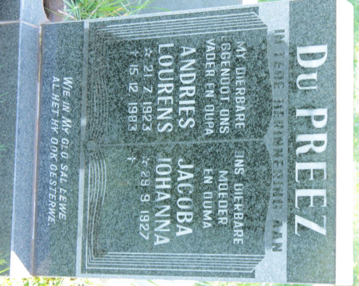 PREEZ Andries Lourens, du 1923-1983 &amp; Jacoba Johanna 1927-