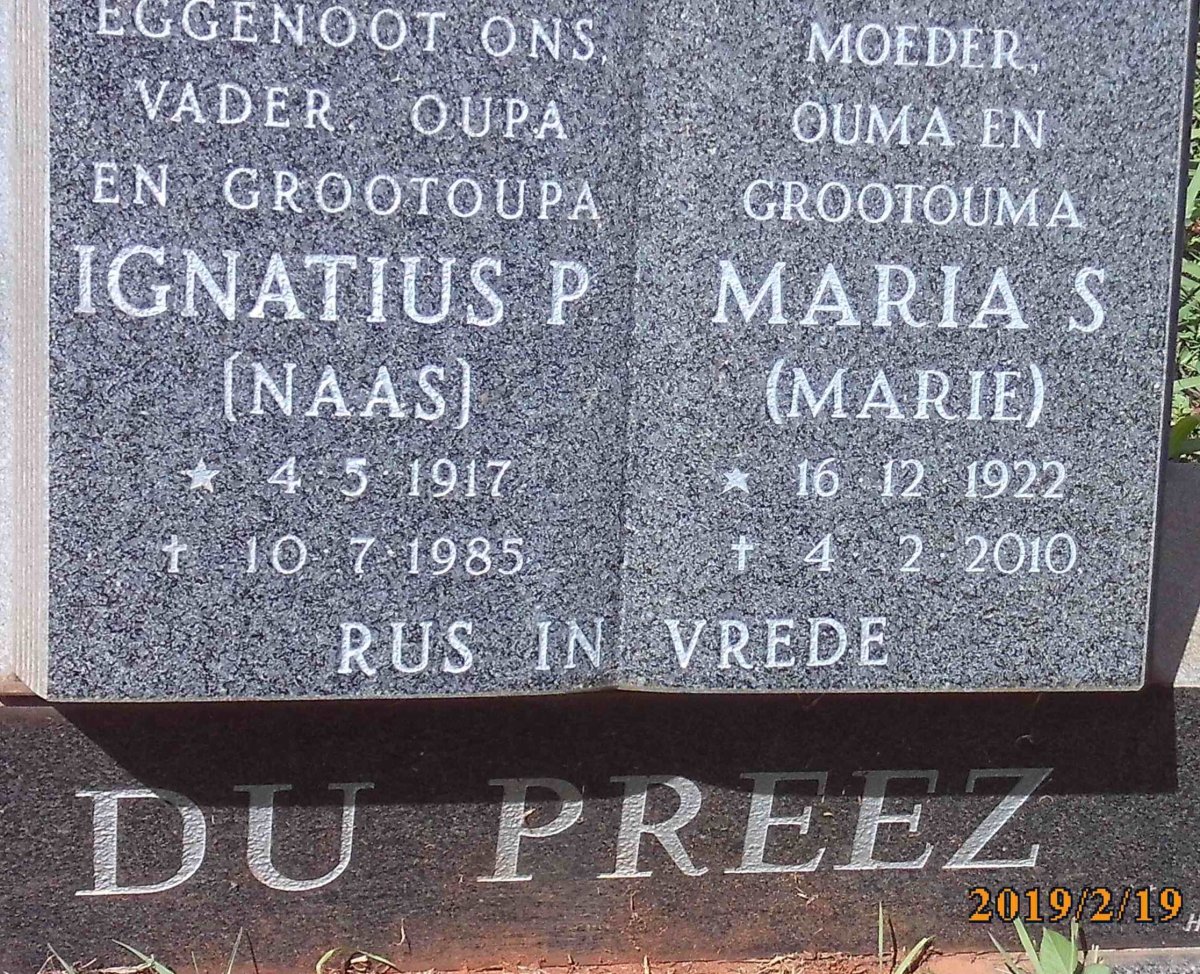 PREEZ Ignatius P., du 1917-1985 &amp; Maria S. 1922-2010