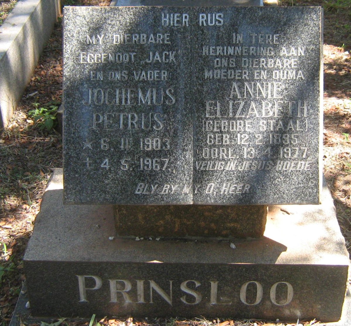 PRINSLOO Jochemus Petrus 1903-1967 &amp; Annie Elizabeth STAAL 1895-1977