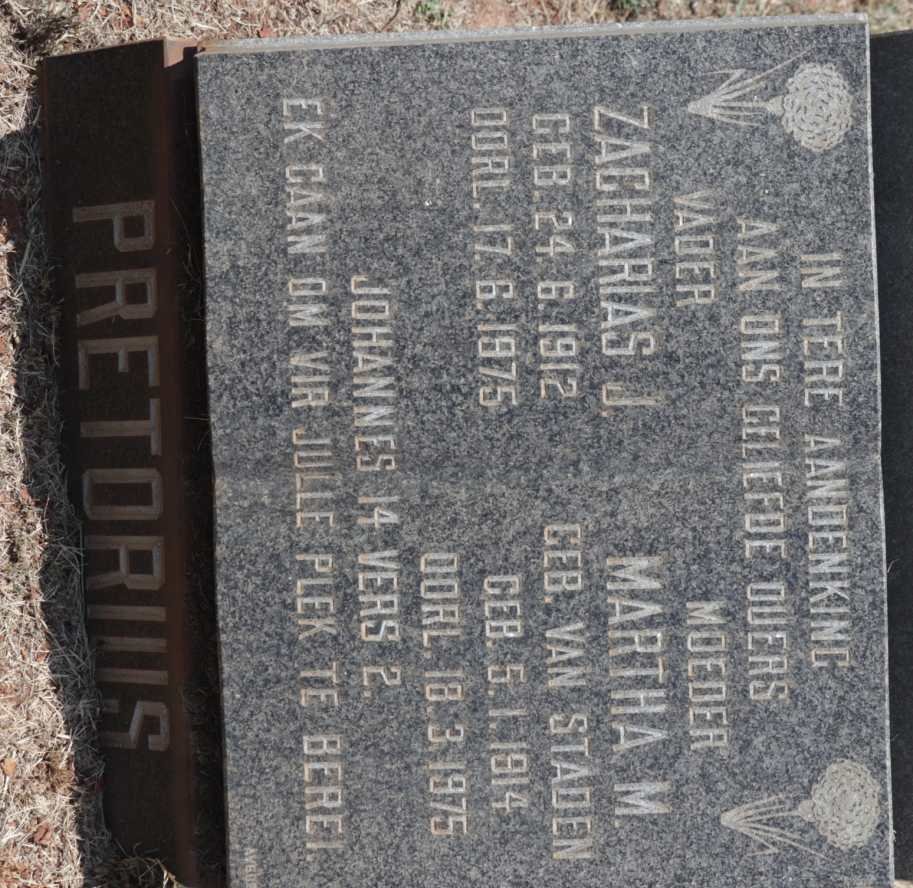 PRETORIUS Zacharias J. 1912-1975 &amp; Martha M. VAN STADEN 1914-1975