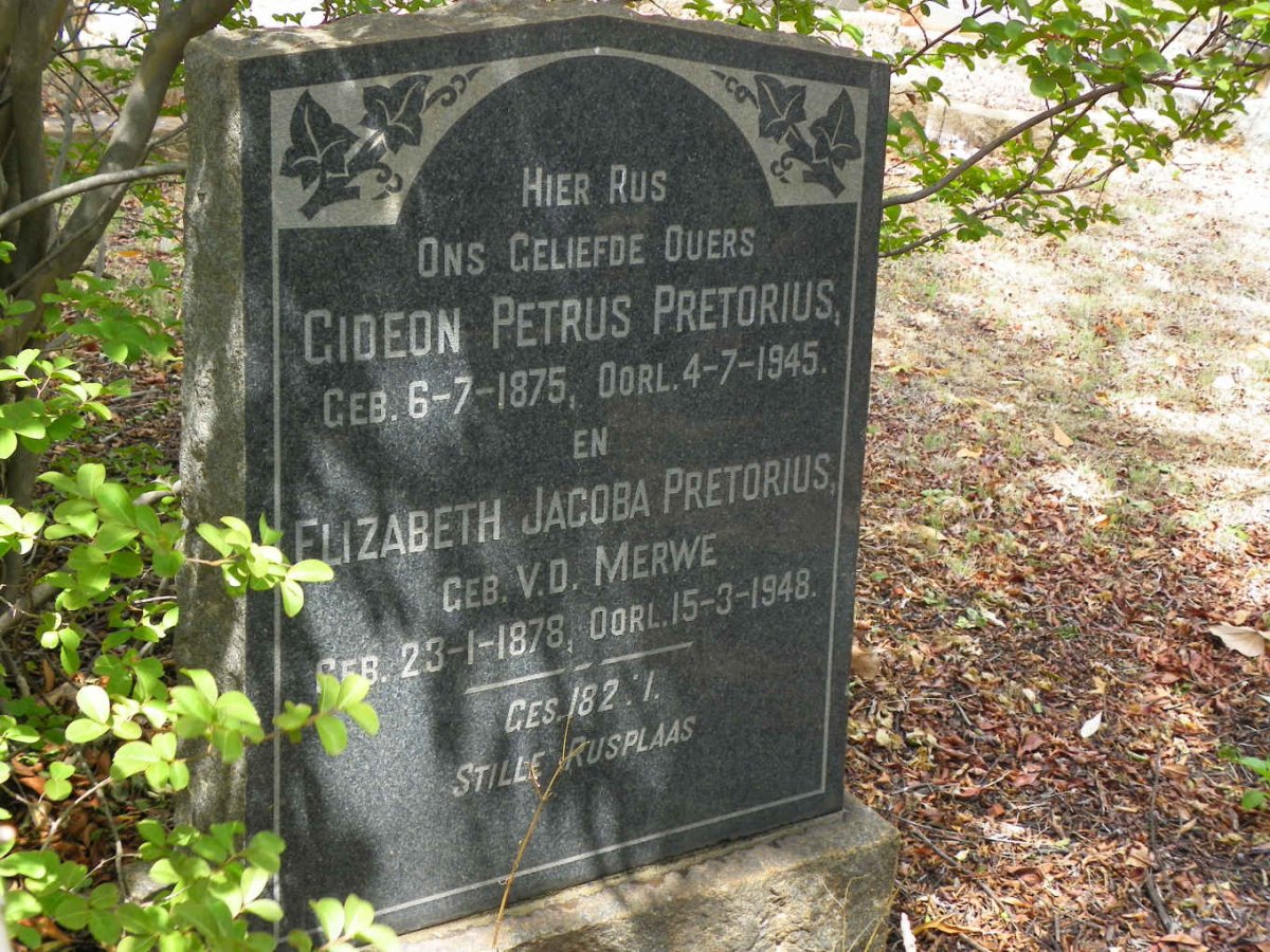 PRETORIUS Gideon Petrus 1875-1945 &amp; Elizabeth Jacoba V.D. MERWE 1878-1948