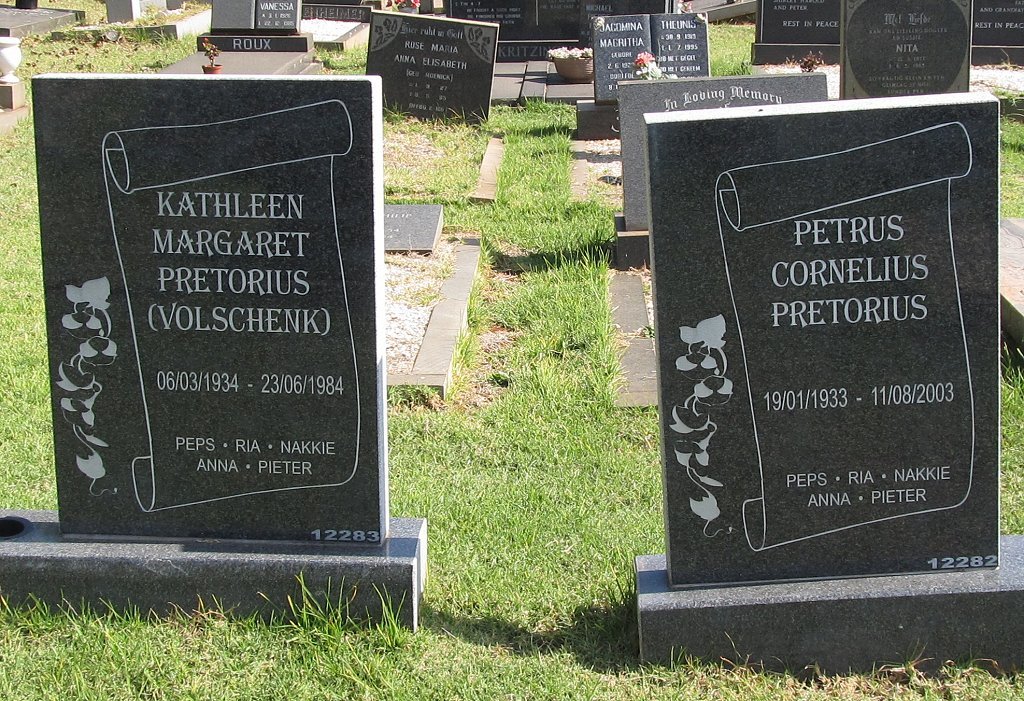 PRETORIUS Petrus Cornelius 1933-2003 &amp; Kathleen Margaret VOLSCHENK 1934-1984