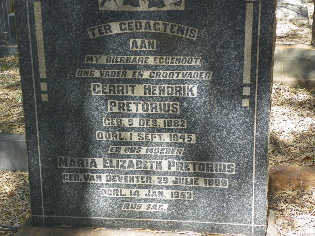 PRETORIUS Gerrit Hendrik 1882-1945 &amp; Maria Elizabeth VAN DEVENTER 1889-1953