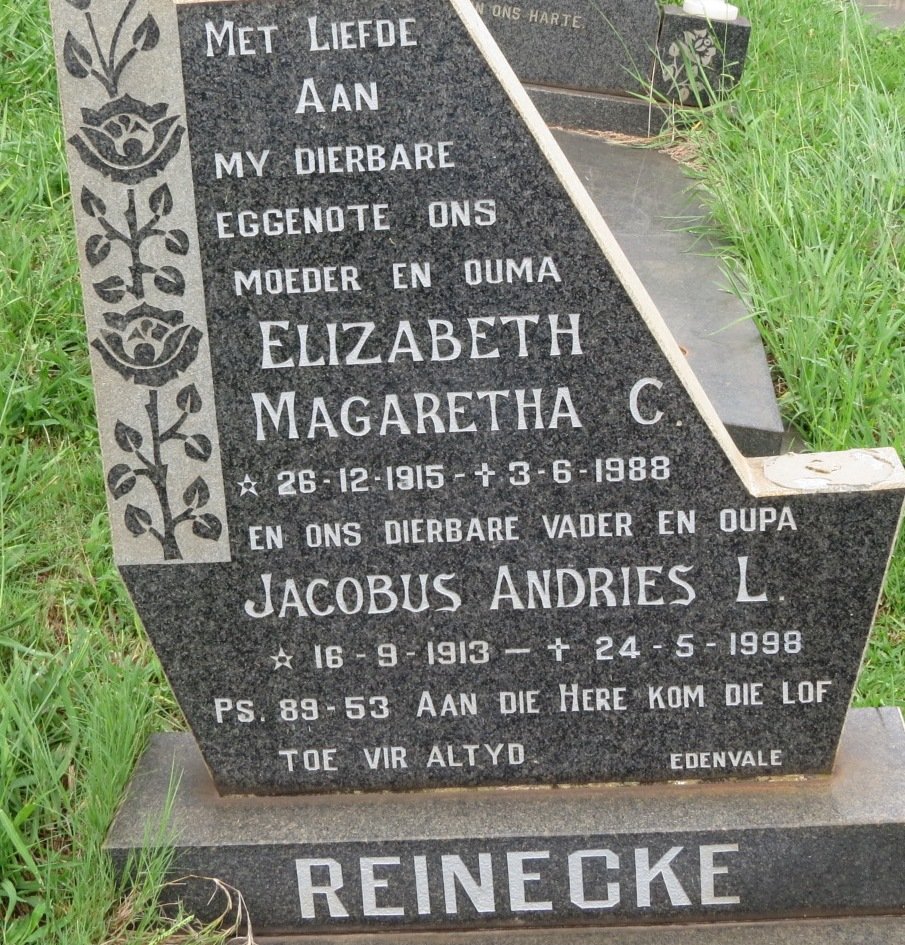 REINECKE Jacobus Andries L. 1913-1998 &amp; Elizabeth Magaretha C. 1915-1988