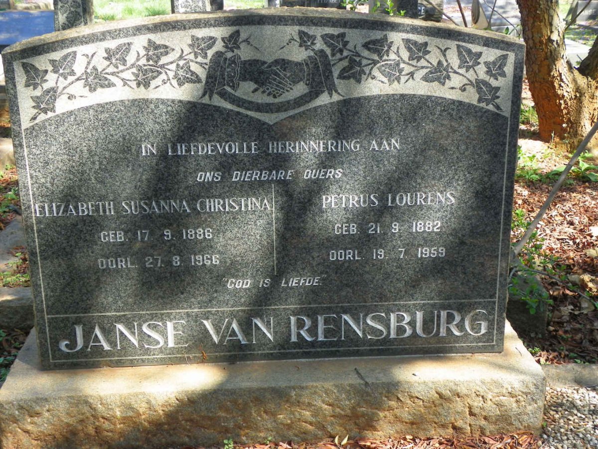 RENSBURG Petrus Lourens, Janse van 1882-1959 &amp; Elizabeth Susanna Christina 1886-1966