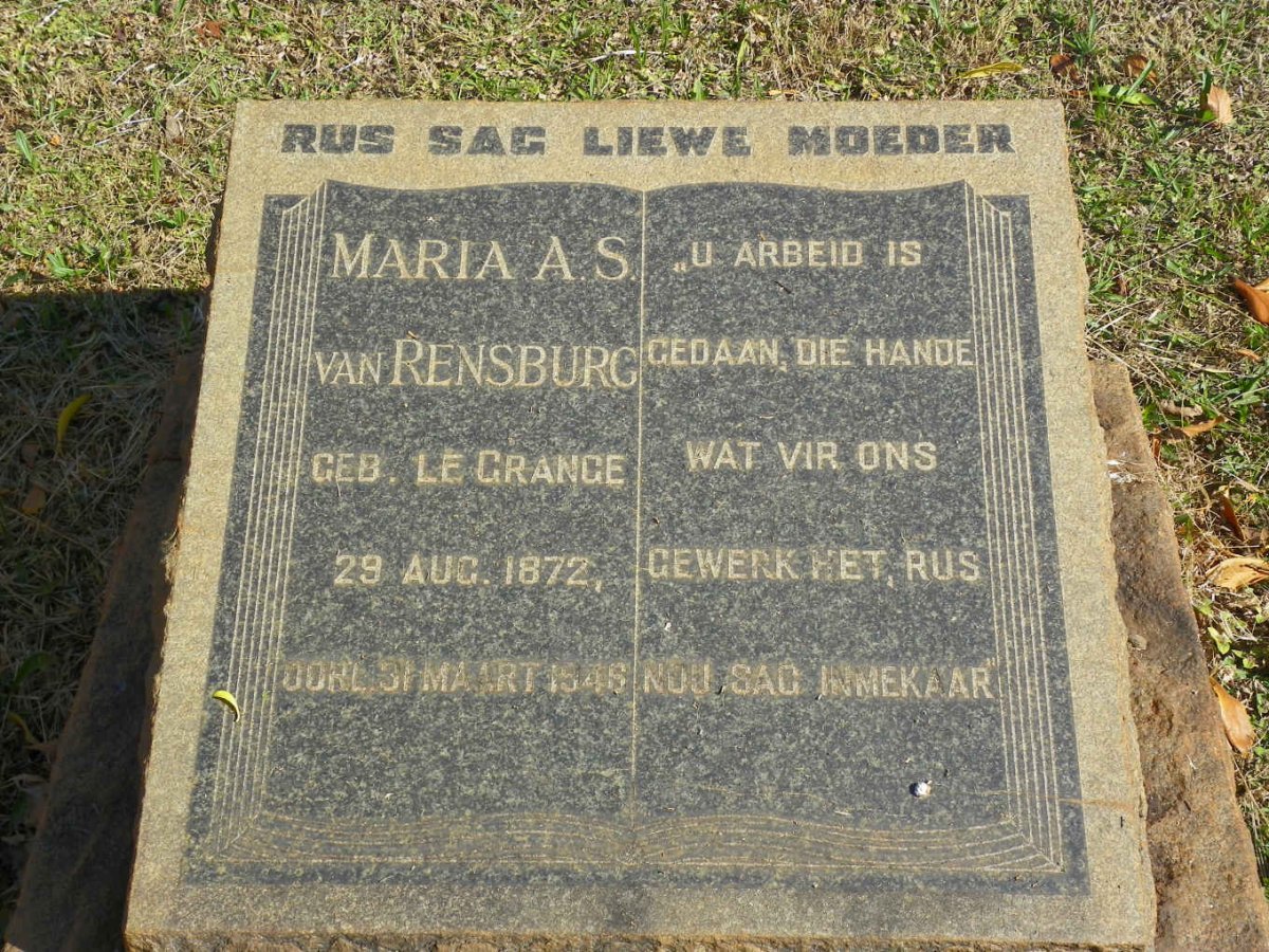 RENSBURG Maria A.S., van nee LE GRANGE 1872-1946