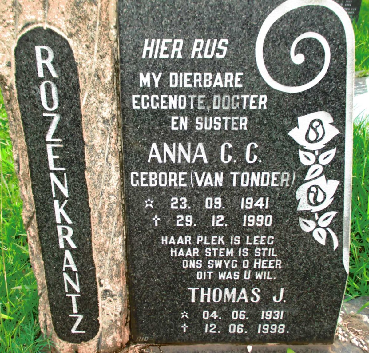 ROZENKRANTZ Thomas J. 1931-1998 &amp; Anna C.C. VAN TONDER 1941-1990