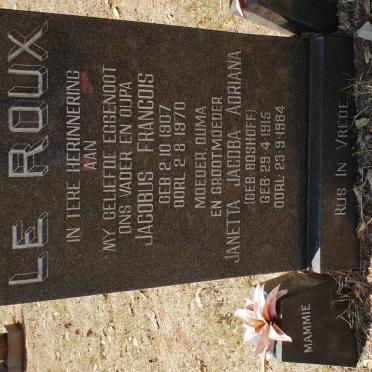 ROUX Jacobus Francois, le 1907-1970 &amp; Janetta Jacoba Adriana BOSHOFF 1915-1984
