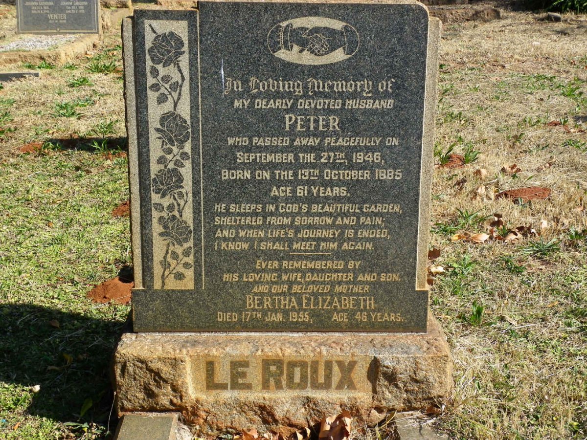 ROUX Peter, le 1885-1946 &amp; Bertha Elizabeth -1955