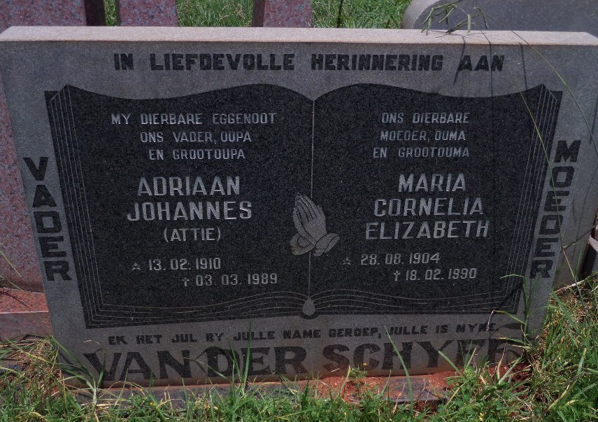 SCHYFF Adriaan Johannes, van der 1910-1989 &amp; Maria Cornelia Elizabeth 1904-1990
