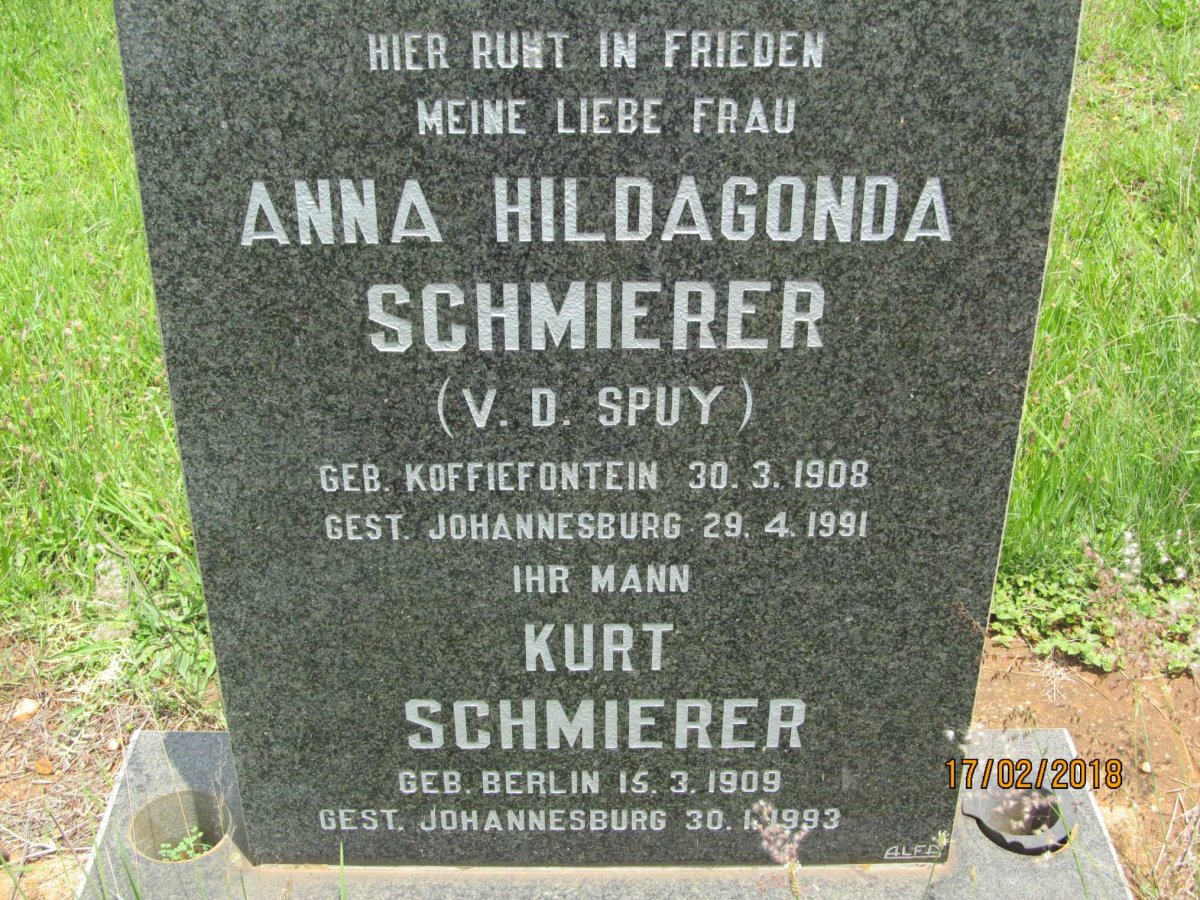SCHMIERER Kurt 1909-1993 &amp; Anna Hildagonda VAN DER SPUY 1908-1991
