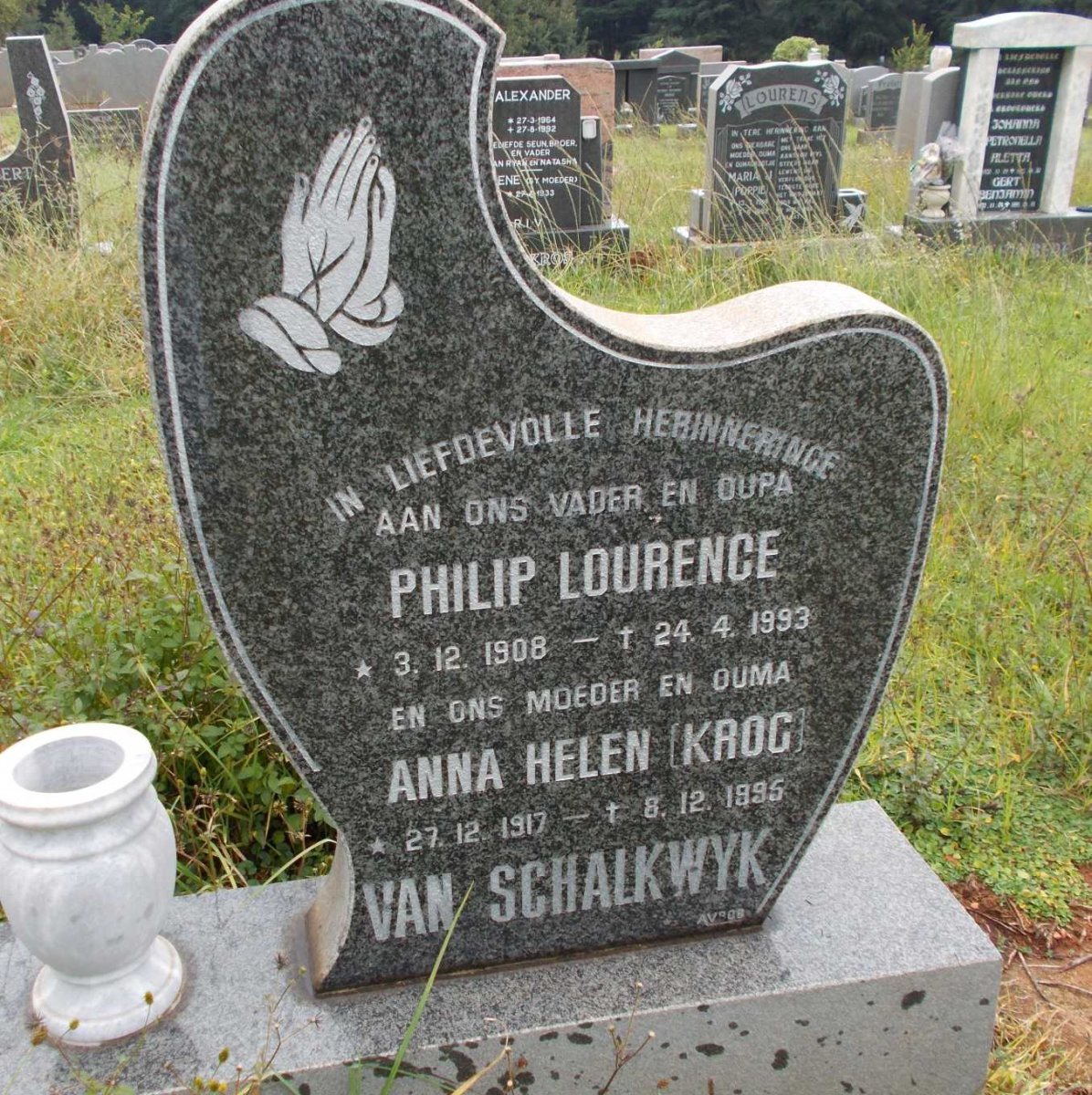 SCHALKWYK Philip Lourence, van 1908-1993 &amp; Anna Helen KROG 1917-1995