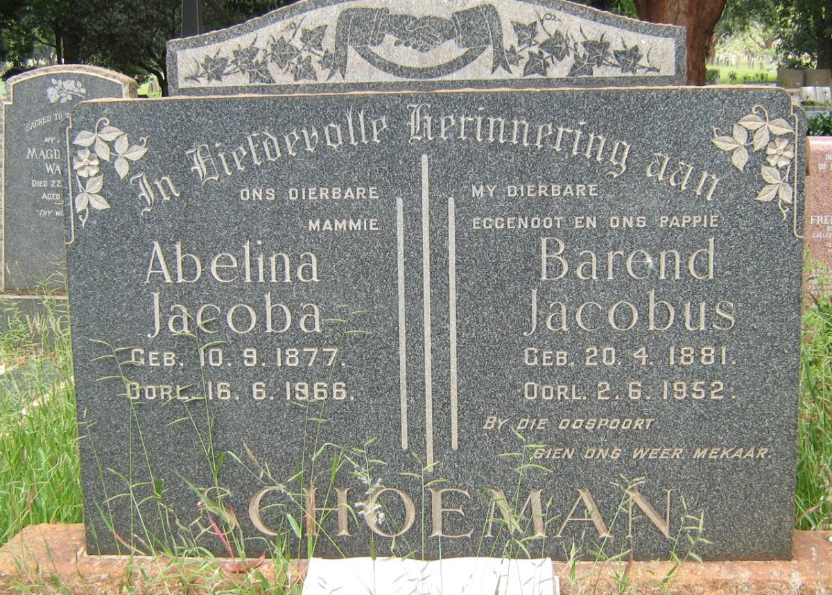 SCHOEMAN Barend Jacobus 1881-1952 &amp; Abelina Jacoba 1877-1966