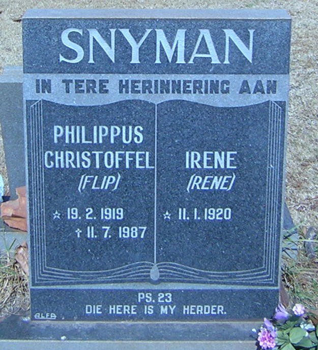 SNYMAN Philippus Christoffel 1919-1987 &amp; Irene 1920-