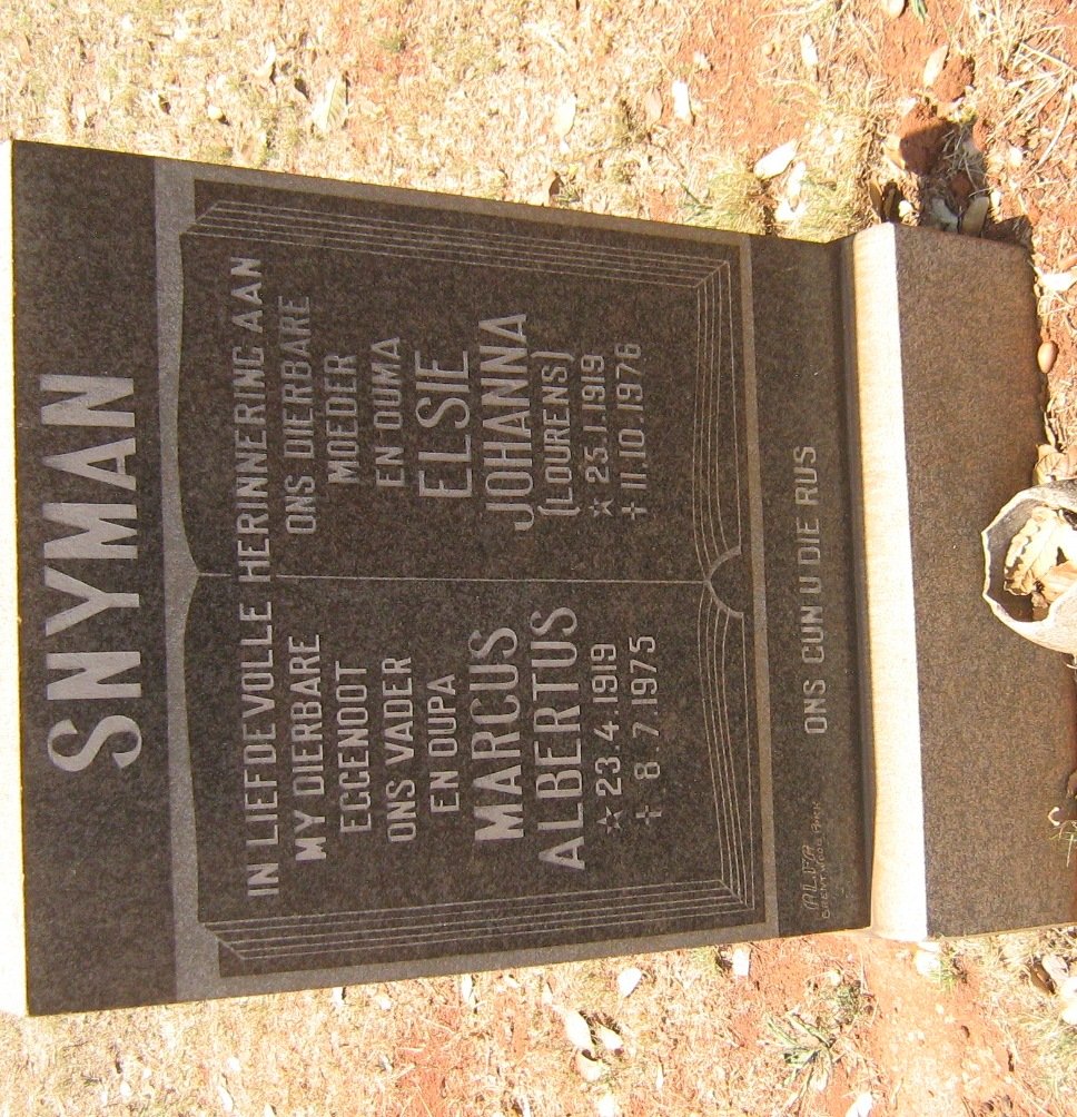 SNYMAN Marcus Albertus 1919-1975 &amp; Elsie Johanna LOURENS 1919-1976