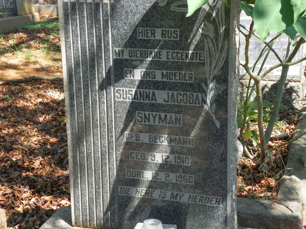 SNYMAN Susanna Jacoba nee BECKMANN 1910-1960