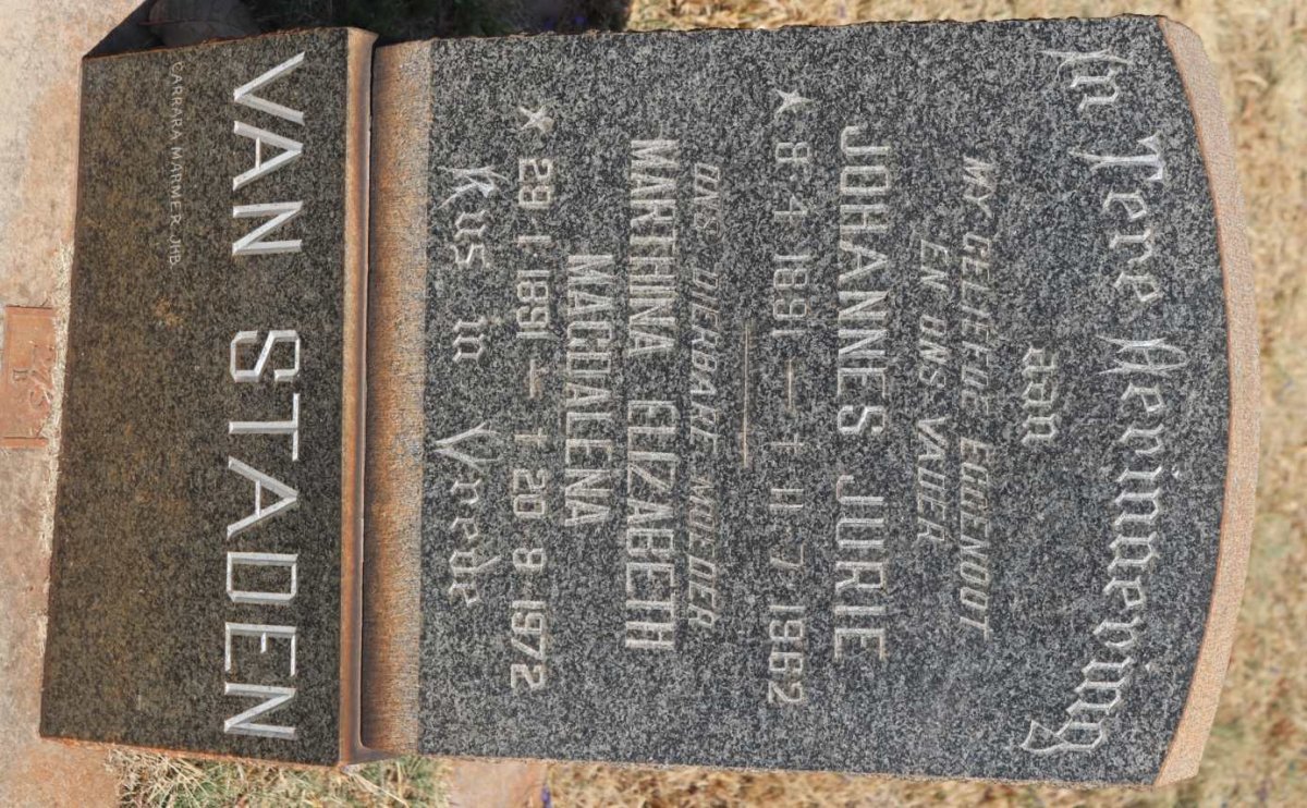 STADEN Johannes Jurie, van 1891-1962 &amp; Marthina Elizabeth Magdalena 1891-1972