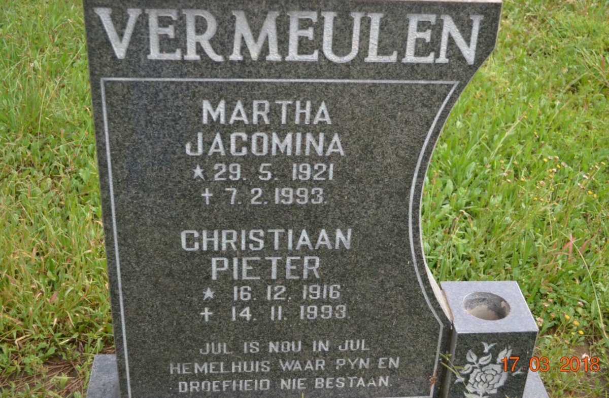 VERMEULEN Christiaan Pieter 1916-1993 &amp; Martha Jacomina 1921-1993