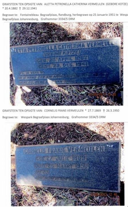 VERMEULEN Cornelis Frans 1869-1950 &amp; Aletta Petronella Catherina KOTZE 1882-1941