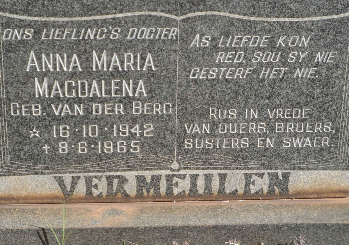 VERMEULEN Anna Maria Magdalena nee VAN DER BERG 1942-1965