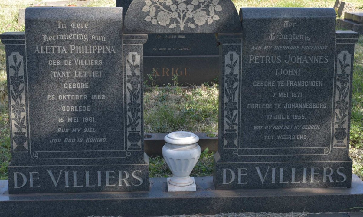 VILLIERS Petrus Johannes, de 1871-1955 &amp; Aletta Philippina DE VILLIERS 1882-1961