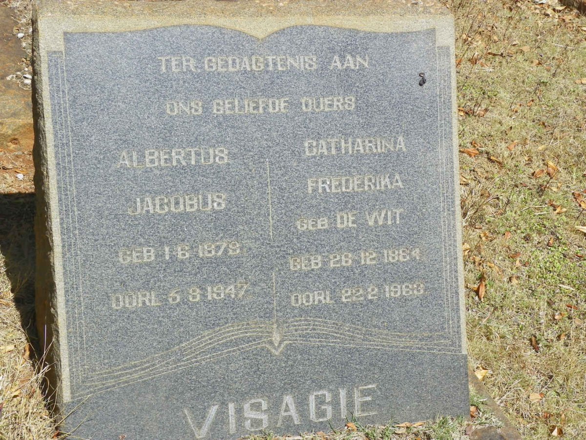 VISAGIE Albertus Jacobus 1878-1947 &amp; Catharina Frederika DE WIT 1884-1963